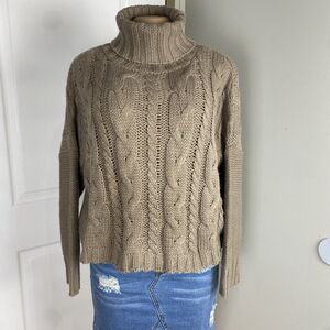 Love Tree Sweater Womens M Granola Girl Turtleneck Cable Knit Tan grunge slouchy